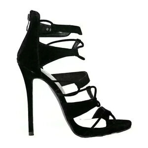 NEW NIB Boohoo Orla Multi Strap Black Faux Suede Cage Stiletto Heels Sandals